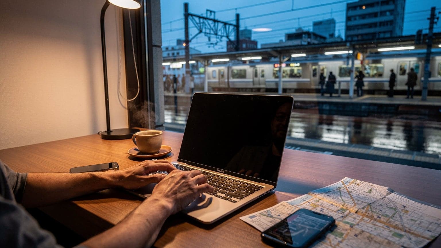 A laptop and coffee cup sit on a table by a window, with the warm glow of blue hour just after sunset illuminating a suburban rail platform outside, suggesting a traveler planning their journey.