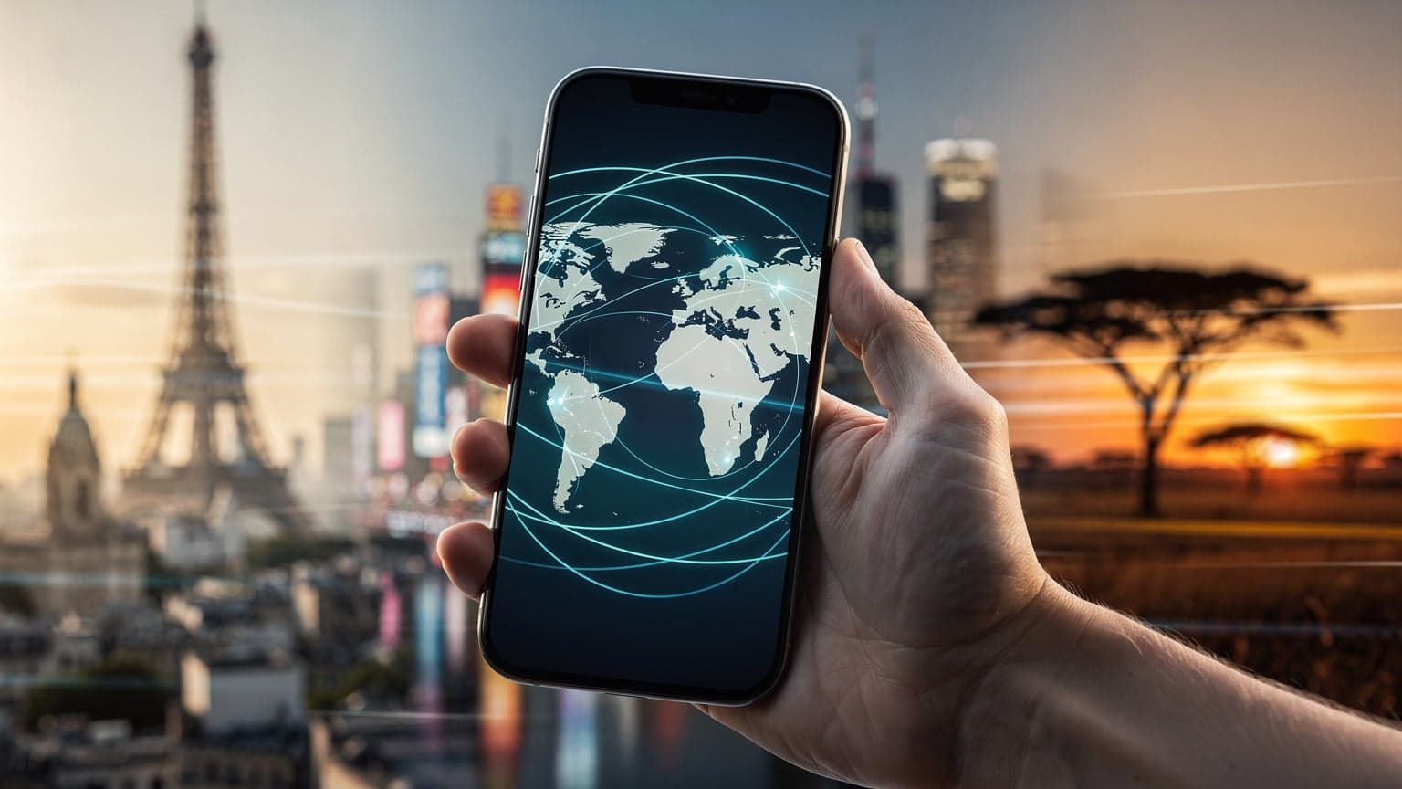 A hand holding a smartphone with a global network display, against a blurred backdrop of international landmarks, symbolizing global roaming choices.