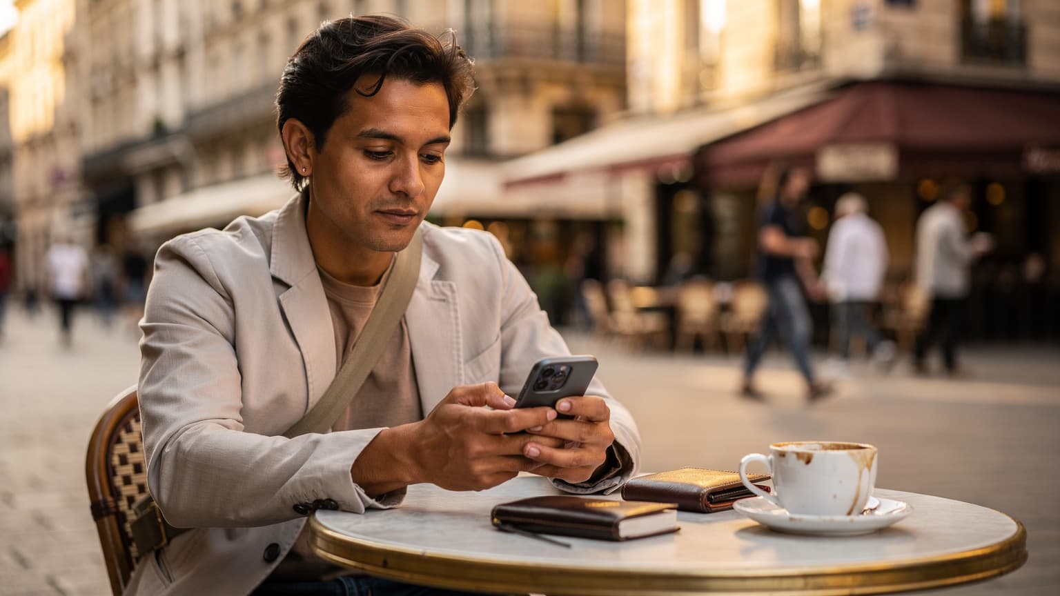 A traveler intently checking their smartphone at an outdoor cafe in a European city, with a passport visible on the table, conveying the act of preparing and confirming details for international travel and roaming.