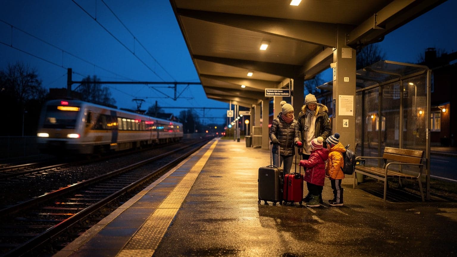 Nattbelyst tågperrong i en svensk förort där en familj väntar på tåget med resväskor, mjukt överkastat ljus från perrongtaket
