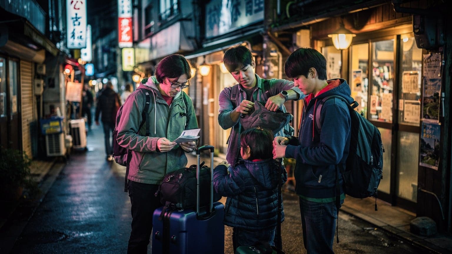 A family sorting through luggage and coats in a dimly lit back street in Tokyo's Shinjuku district at night, with neon signs from nearby shopfronts casting colourful reflections.
