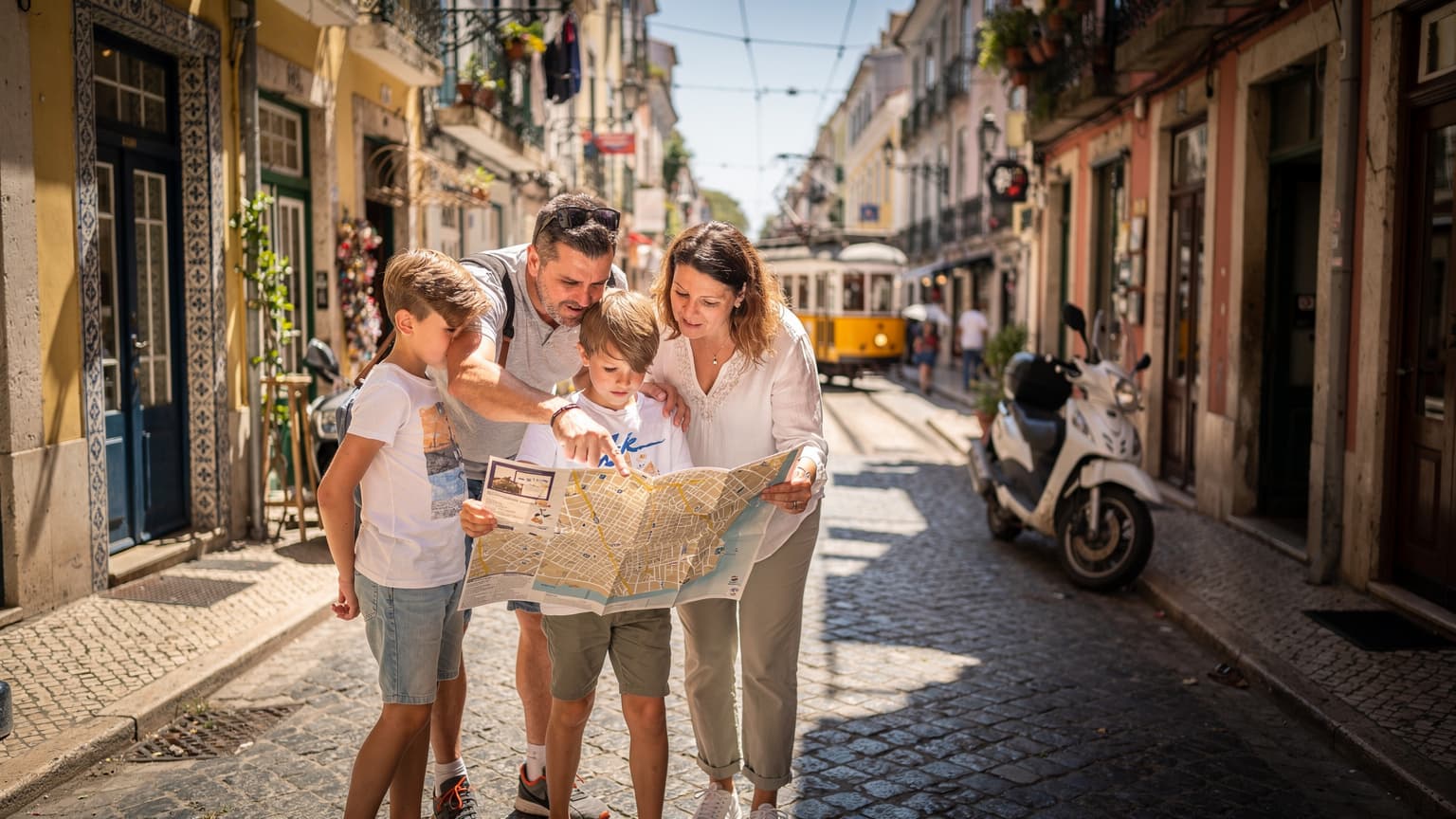 A family with two children, aged around 8 and 11, looking at a street map on a sunny back street in Lisbon, Portugal, surrounded by colorful tiled shopfronts and parked scooters.
