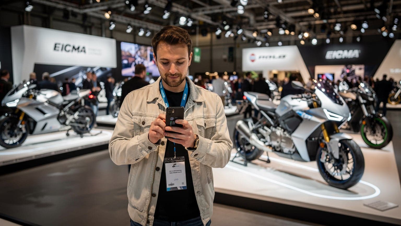 Milano EICMA 2026 motosiklet fuar alanında kalabalık bir ortamda akıllı telefonunu kullanan bir kişi, arka planda modern motosikletler