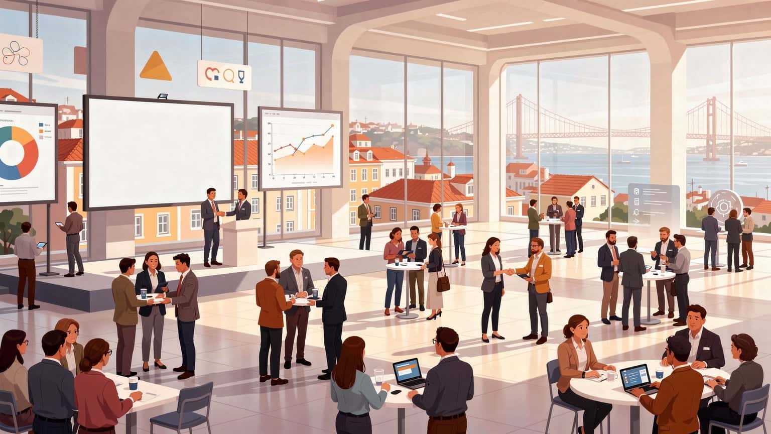 Een overzicht van een druk technologie-evenement met mensen die netwerken en presentaties bijwonen, met de skyline van Lissabon op de achtergrond.