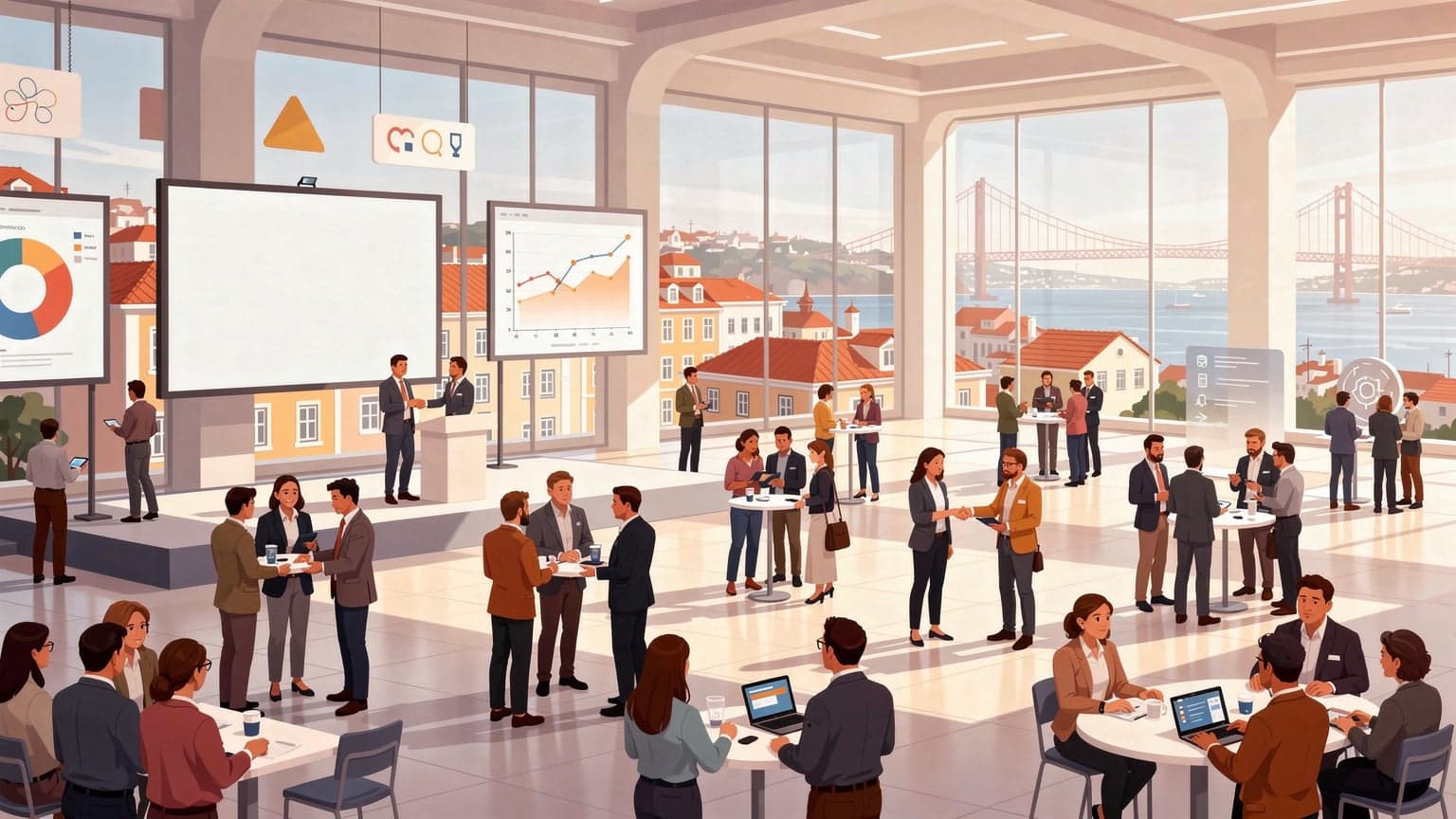 Een overzicht van een druk technologie-evenement met mensen die netwerken en presentaties bijwonen, met de skyline van Lissabon op de achtergrond.