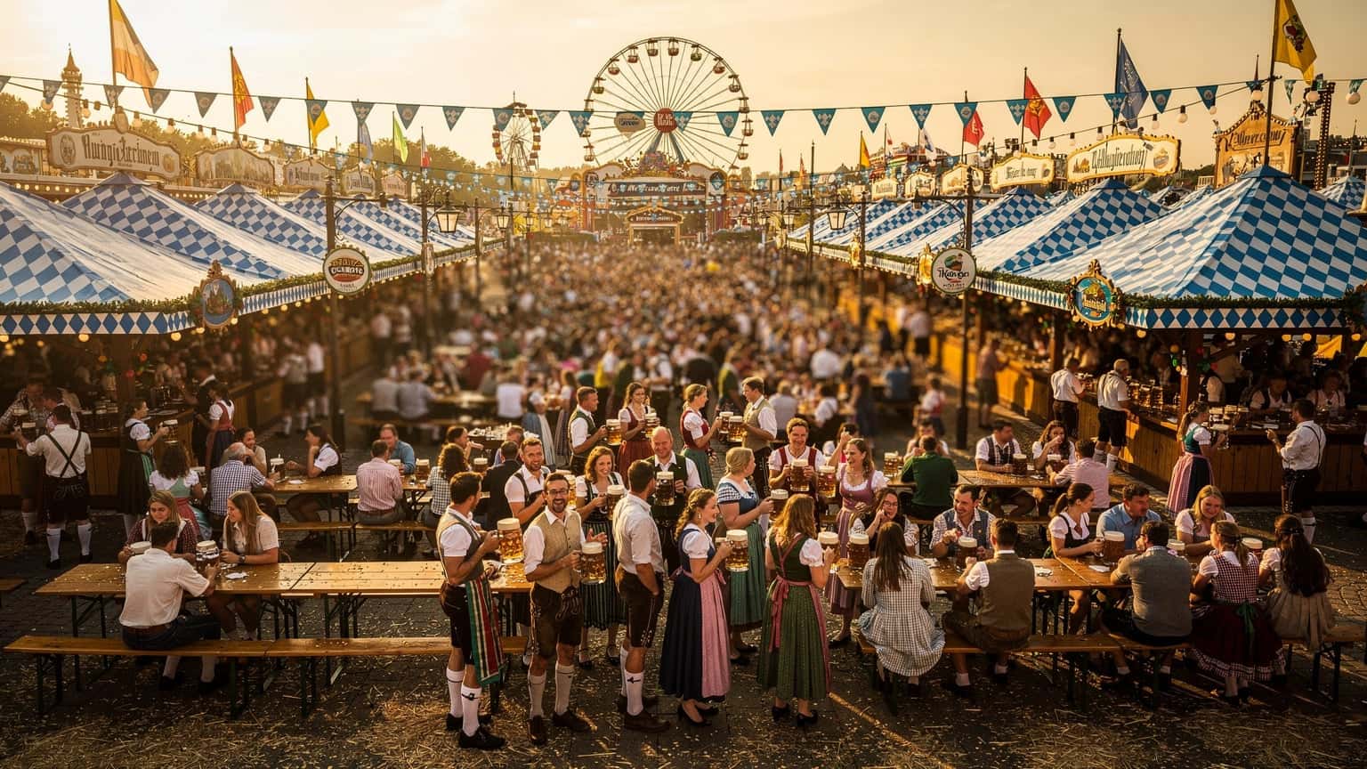 O mulțime de oameni se bucură de atmosfera festivă la Oktoberfest în München, cu corturi tradiționale și lumini strălucitoare pe fundal.