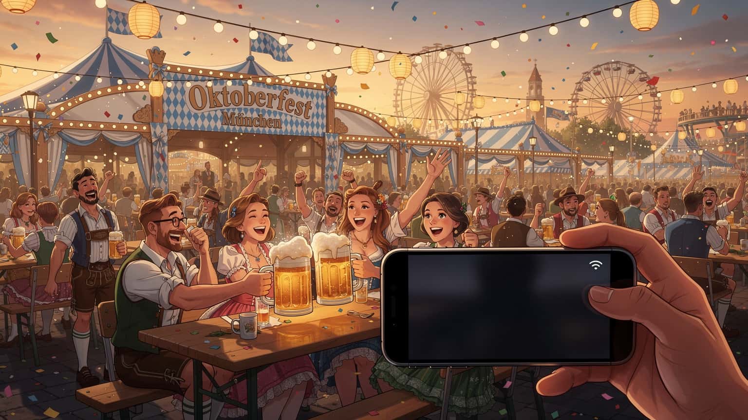 En festlig scen från Oktoberfest i München med glada människor och traditionella tält, med en subtil digital uppkopplingstema i förgrunden.