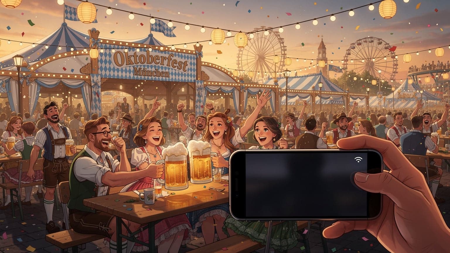 En festlig scen från Oktoberfest i München med glada människor och traditionella tält, med en subtil digital uppkopplingstema i förgrunden.