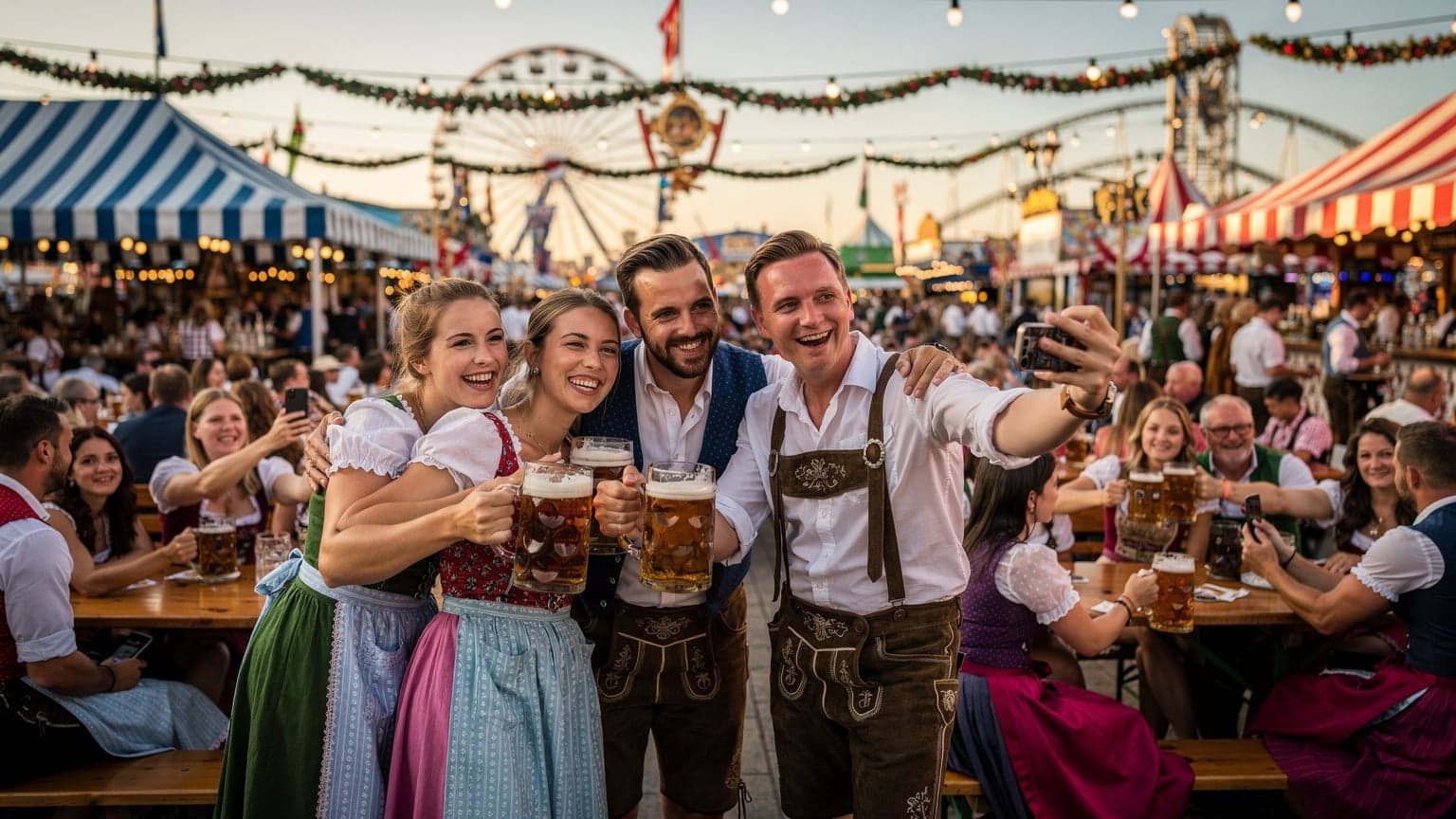 Glade festivalgæster i traditionelle bayerske dragter på Theresienwiese under Oktoberfest i München, med mobiltelefoner i hånden, der tager billeder.