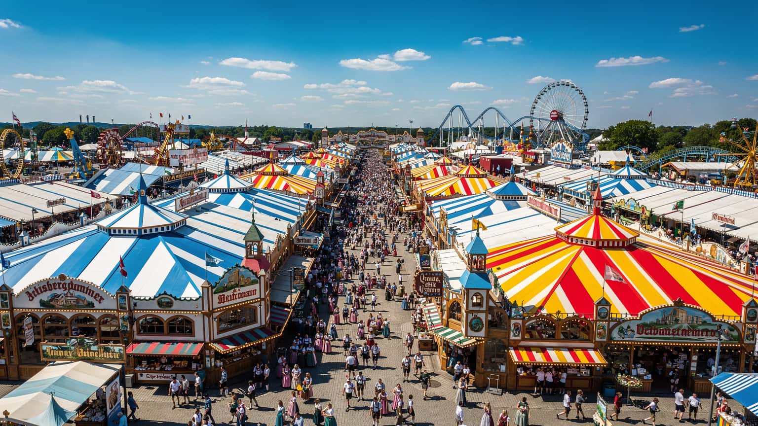 Vista aérea da Theresienwiese em Munique durante o Oktoberfest, com tendas de cerveja e pessoas celebrando, sob um céu azul e ensolarado. A imagem foca na atmosfera festiva e na grandiosidade do evento.