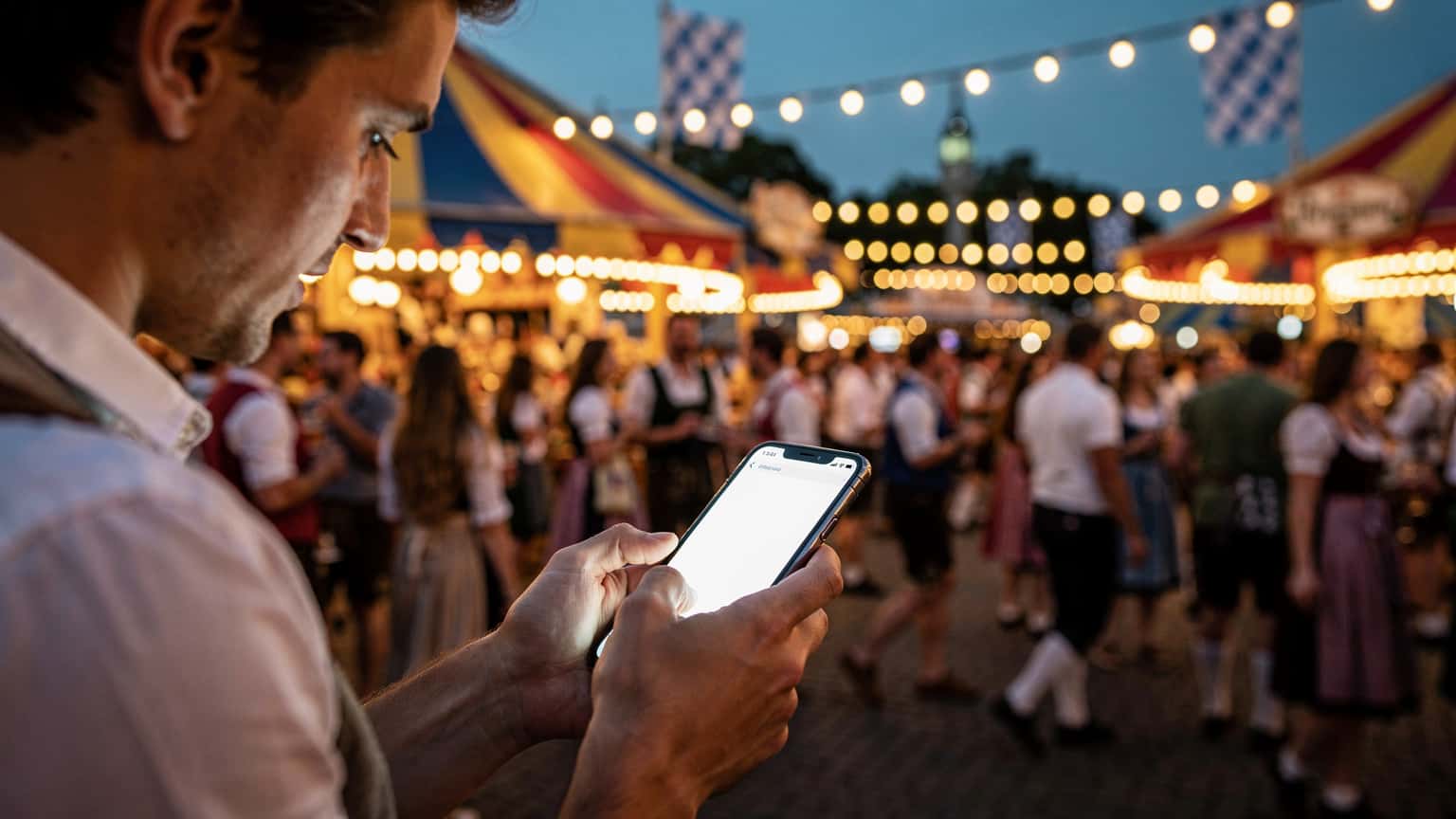 En person som bruker en smarttelefon på Theresienwiese under Oktoberfest i München, med telt og folkemengder i bakgrunnen, symboliserer enkel tilkobling under festivalen.