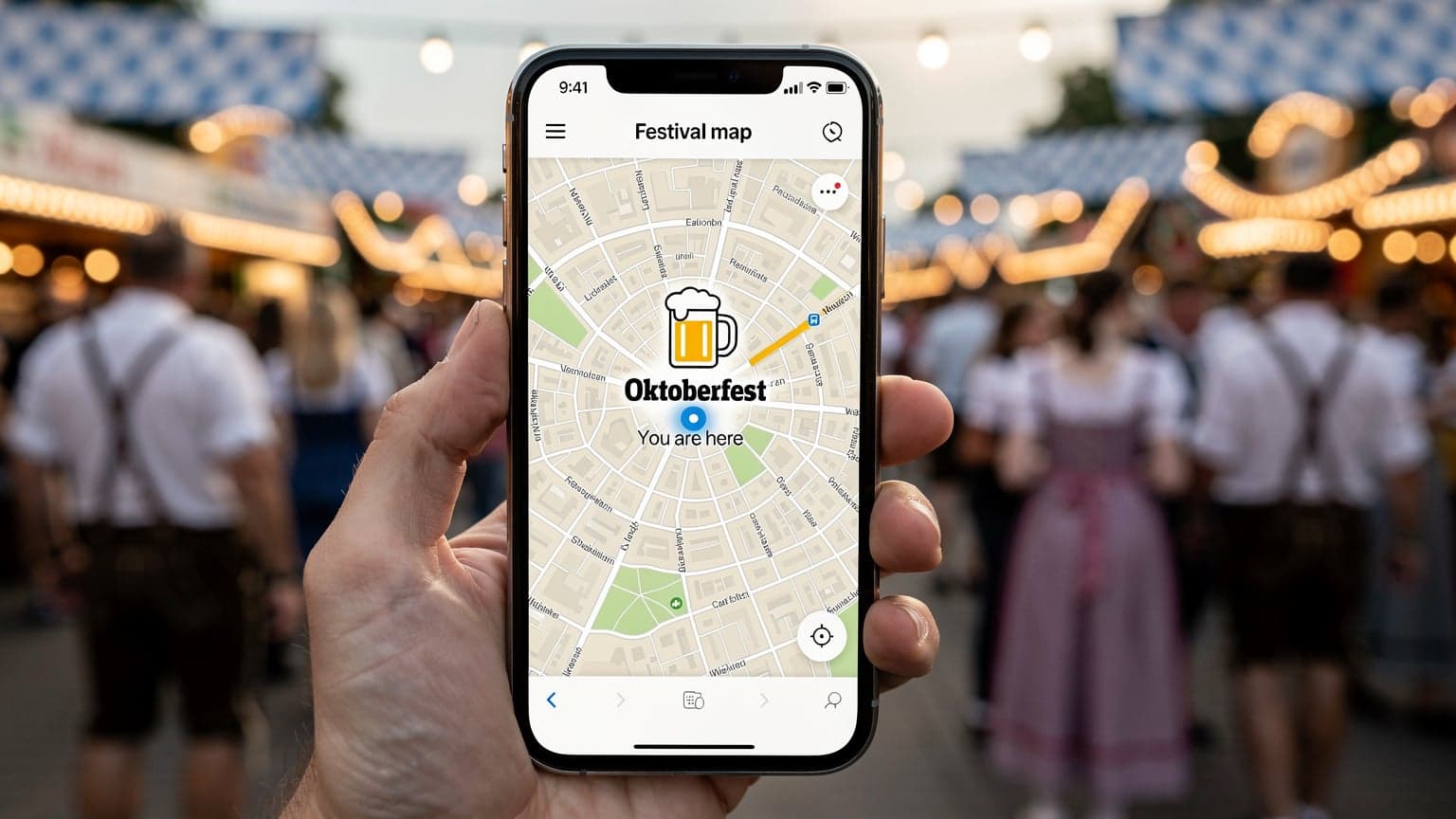Εικονογράφηση ενός smartphone με χάρτη του Μονάχου και το λογότυπο του Oktoberfest, που συμβολίζει την απρόσκοπτη σύνδεση στο διαδίκτυο κατά τη διάρκεια του φεστιβάλ.