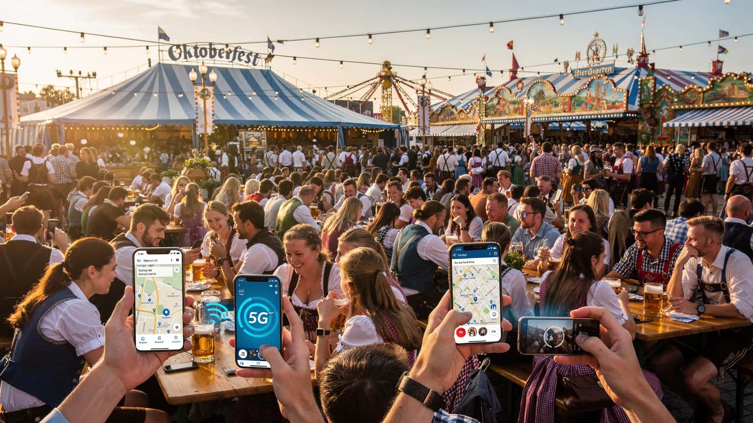 Ľudia na Oktoberfeste v Mníchove s mobilnými telefónmi, ktorí si prezerajú informácie alebo zdieľajú zážitky, s pozadím typických stánkov a atrakcií.