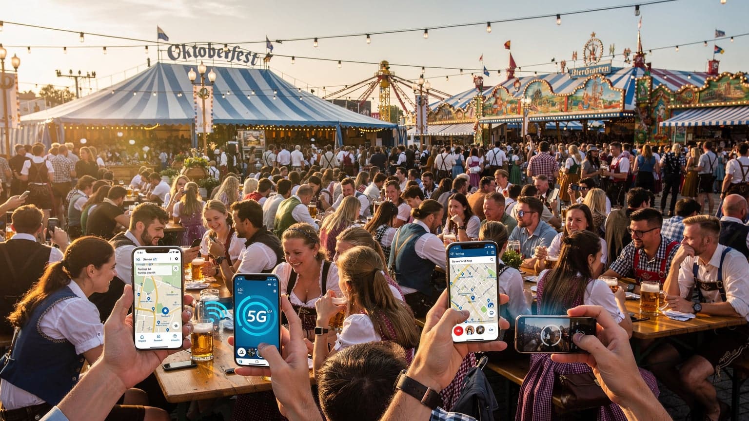 Ľudia na Oktoberfeste v Mníchove s mobilnými telefónmi, ktorí si prezerajú informácie alebo zdieľajú zážitky, s pozadím typických stánkov a atrakcií.