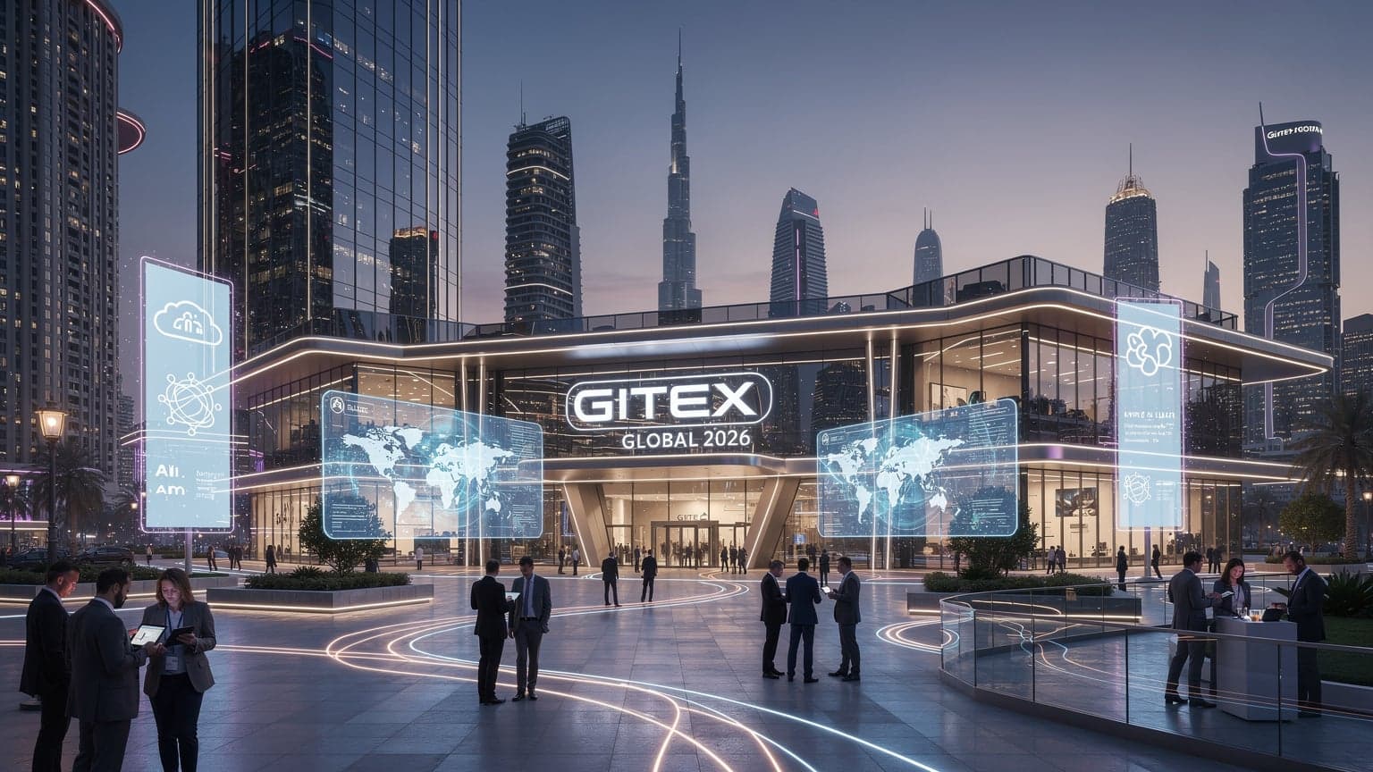 दुबई के क्षितिज पर GITEX ग्लोबल 2026 के लिए तैयार एक आधुनिक तकनीकी सम्मेलन केंद्र, जो डिजिटल कनेक्टिविटी का प्रतीक है।