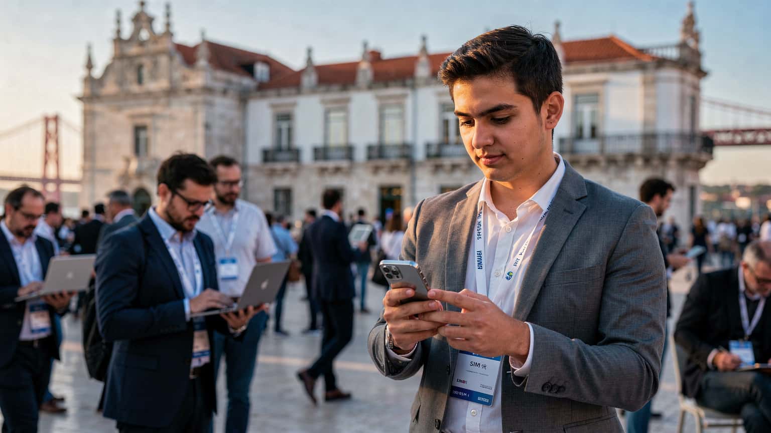 Seorang profesional menggunakan telefon pintar di hadapan latar belakang persidangan teknologi yang sibuk di Lisbon, menunjukkan kemudahan eSIM untuk kekal berhubung.