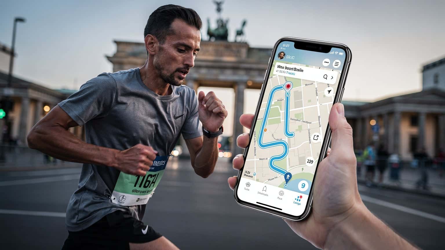 A runner checking their phone for live tracking data during a marathon, with Berlin's Brandenburg Gate in the background.