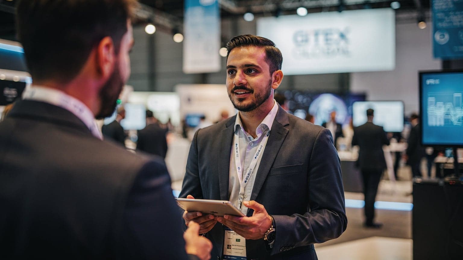 Seorang profesional teknologi menggunakan tablet di tengah keramaian pameran teknologi besar di Dubai, dengan latar belakang logo acara GITEX GLOBAL yang samar.