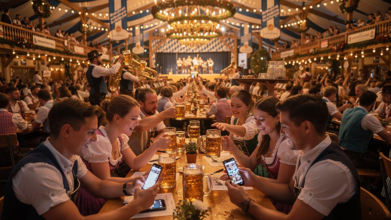Münih Oktoberfest 2026'da kalabalık bir bira çadırının içinden, insanlar telefonlarıyla fotoğraf çekiyor ve sosyal medyada paylaşıyor.