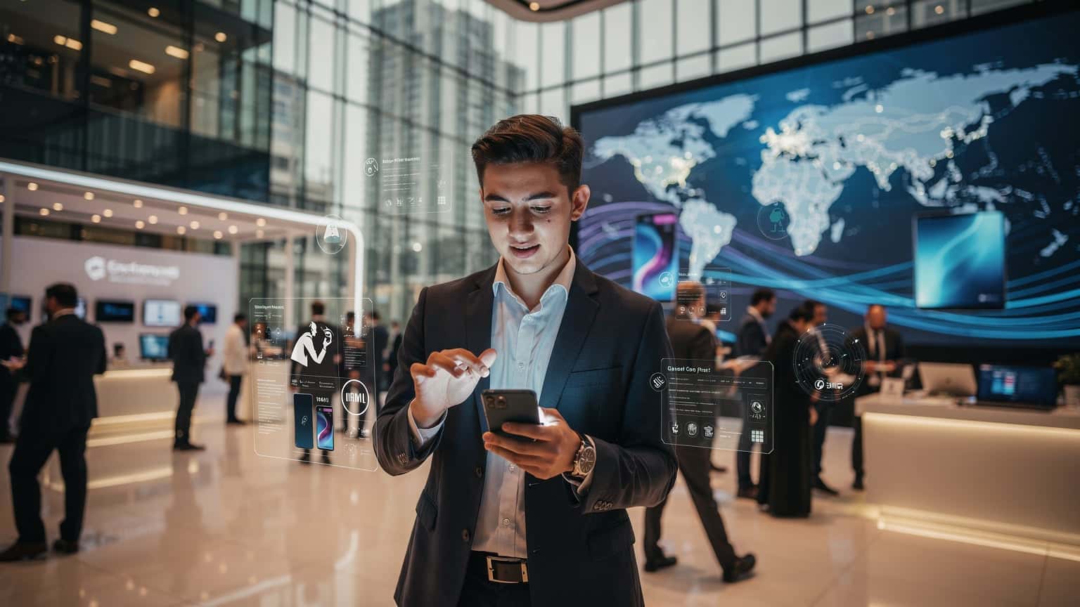 Un profesional de la tecnología utilizando un dispositivo móvil con una conexión de datos fiable en el entorno vibrante de una feria tecnológica en Dubái.