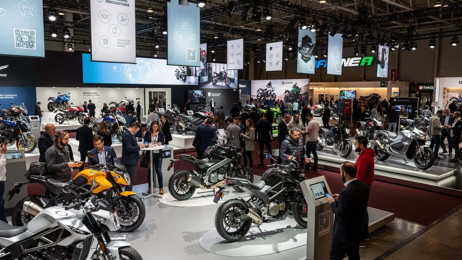 Een dynamische weergave van de EICMA beursvloer in Milaan, met bezoekers die mobiele apparaten gebruiken en diverse motoren en tweewielers tentoongesteld.