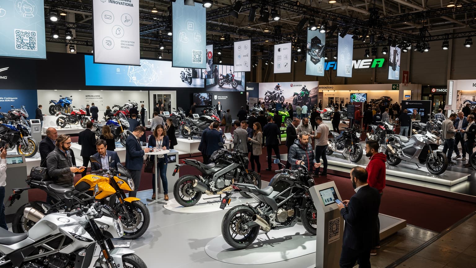 Een dynamische weergave van de EICMA beursvloer in Milaan, met bezoekers die mobiele apparaten gebruiken en diverse motoren en tweewielers tentoongesteld.