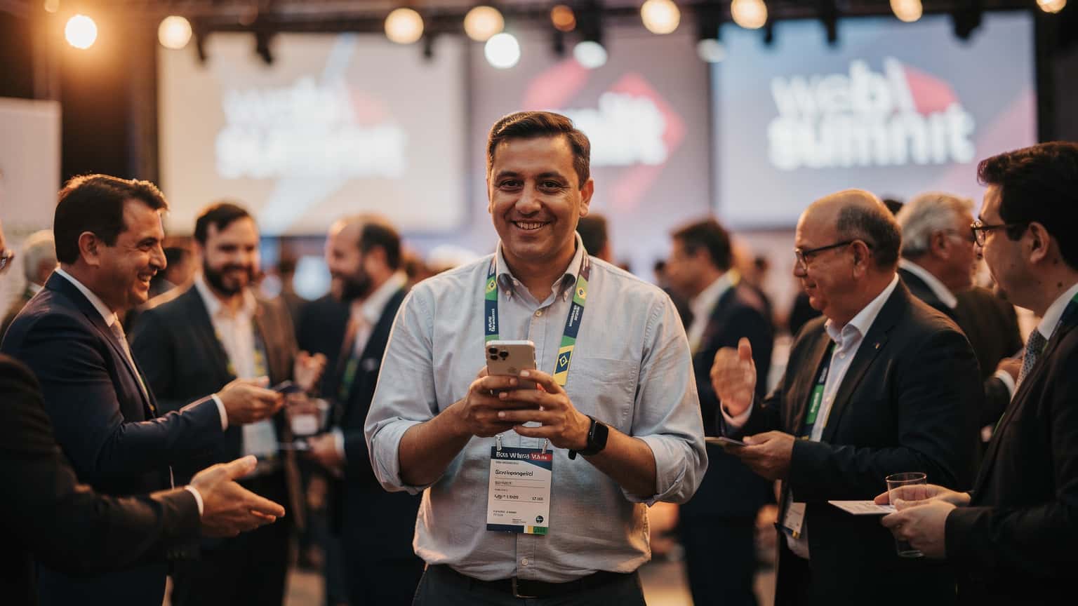 Empreendedor brasileiro utilizando um smartphone em um ambiente de conferência movimentado em Lisboa, com o Web Summit ao fundo, simbolizando conectividade e networking.