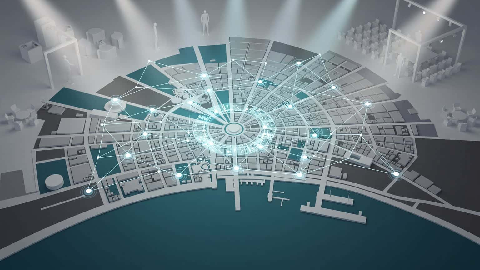 Ilustrace digitálního připojení a mapy Lisabonu, symbolizující networking a navigaci na Web Summitu 2026