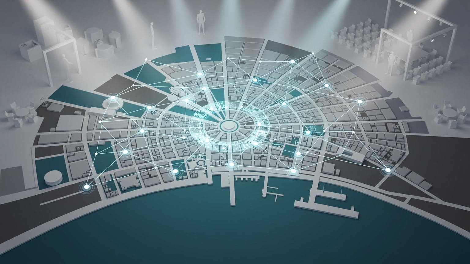 Ilustrace digitálního připojení a mapy Lisabonu, symbolizující networking a navigaci na Web Summitu 2026