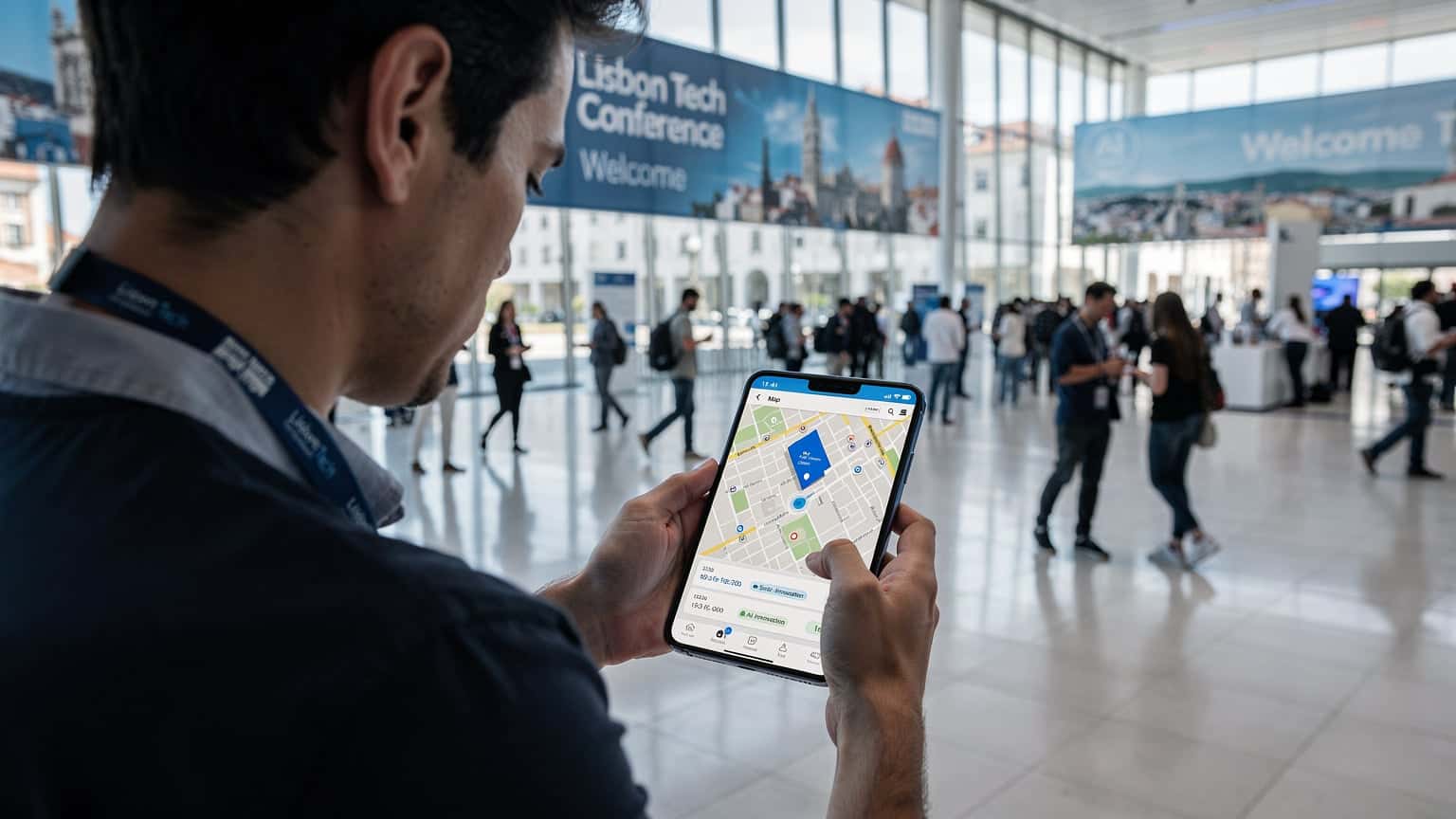 En person bruker en smarttelefon for å navigere en stor teknologikonferanse i Lisboa, med digitale kart og møteplaner på skjermen.