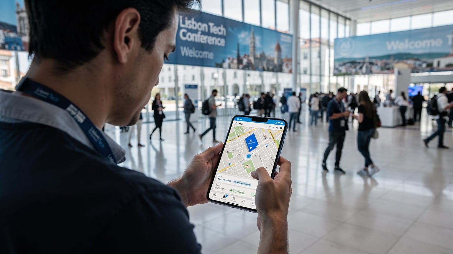 En person bruker en smarttelefon for å navigere en stor teknologikonferanse i Lisboa, med digitale kart og møteplaner på skjermen.