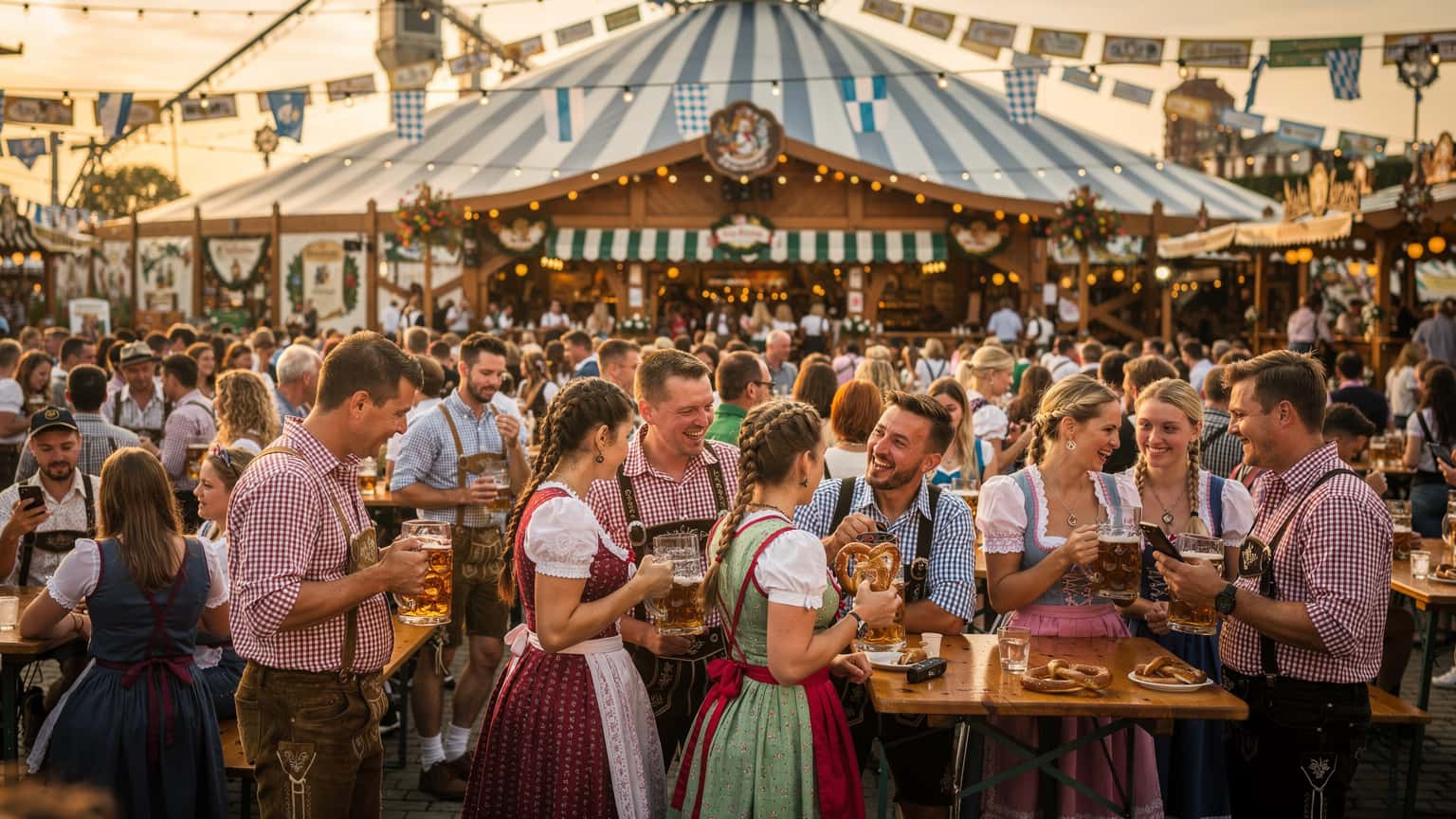 म्यूनिख में ओकtoberfest के दौरान एक विशाल बीयर टेंट के बाहर भीड़, लोग पारंपरिक बवेरियन पोशाक पहने हुए हैं, उनके स्मार्टफोन पर कनेक्टिविटी का प्रतीक है।