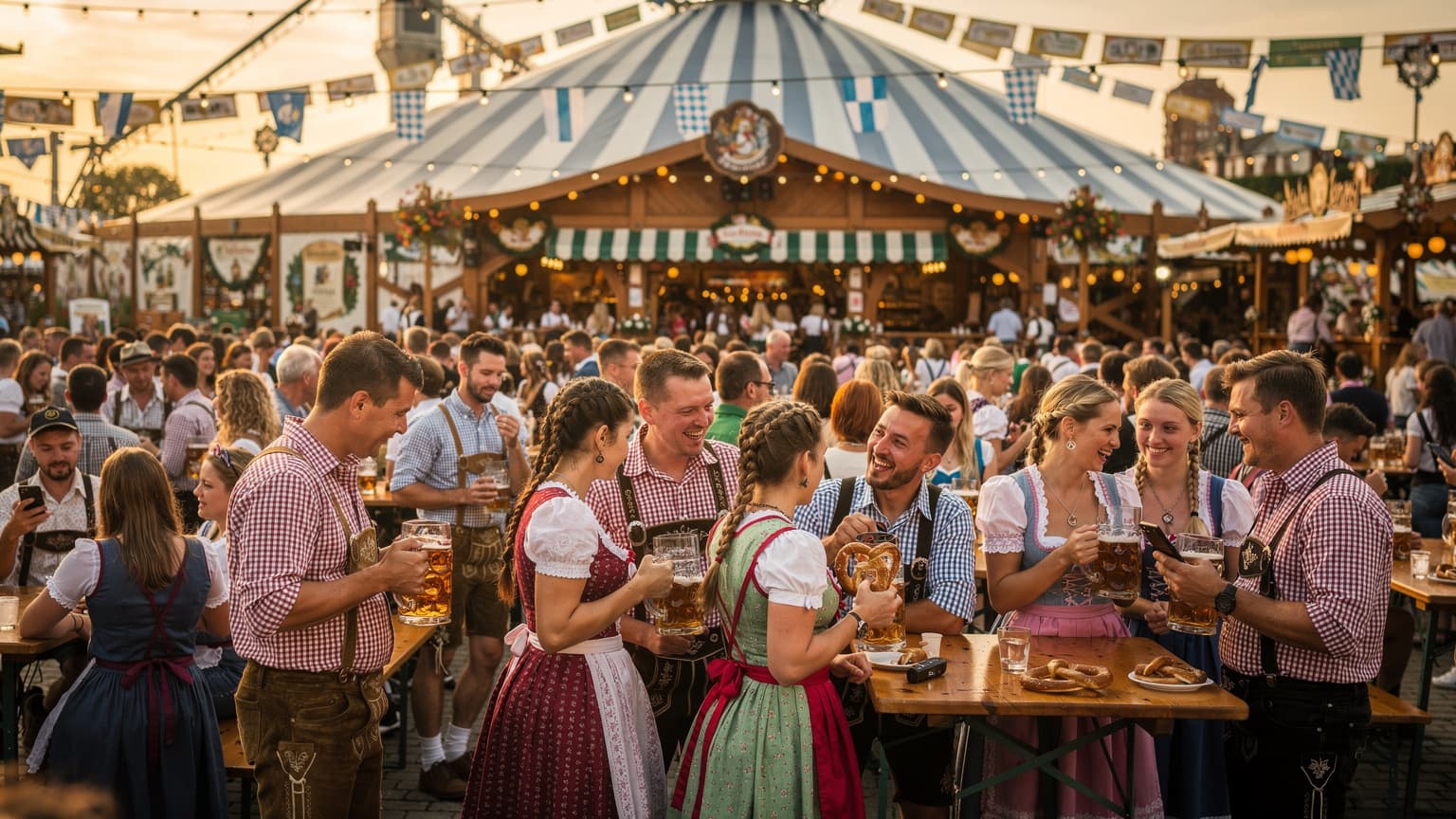 म्यूनिख में ओकtoberfest के दौरान एक विशाल बीयर टेंट के बाहर भीड़, लोग पारंपरिक बवेरियन पोशाक पहने हुए हैं, उनके स्मार्टफोन पर कनेक्टिविटी का प्रतीक है।
