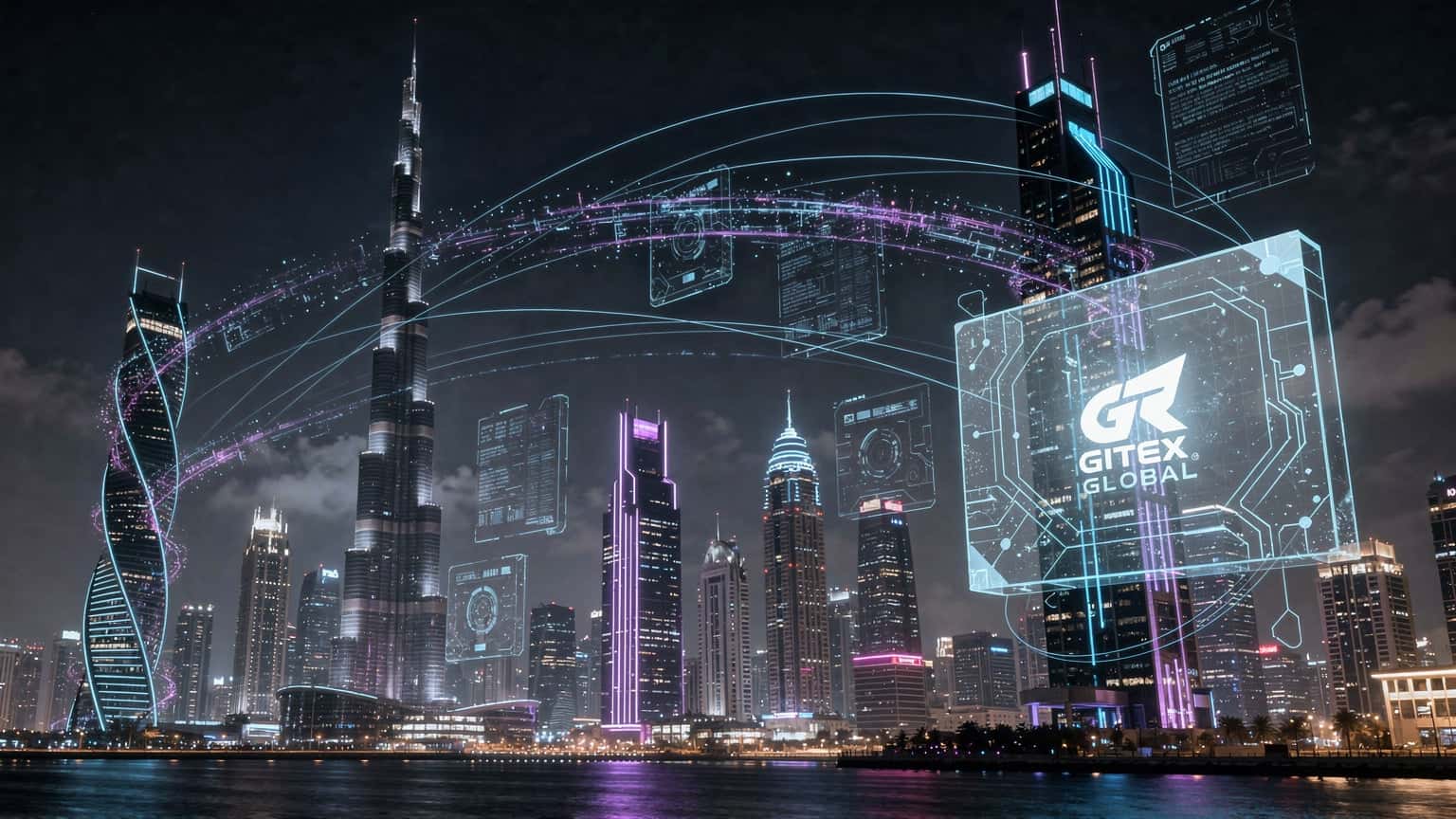 Pemandangan latar langit Dubai dengan logo GITEX GLOBAL yang digayakan, menunjukkan sambungan digital dan inovasi.