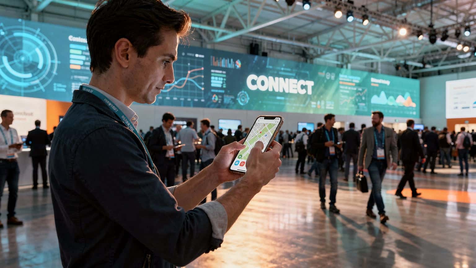 En person bruger en smartphone til at navigere på en stor teknologikonference, med mange mennesker i baggrunden og digitale skærme, der viser information.