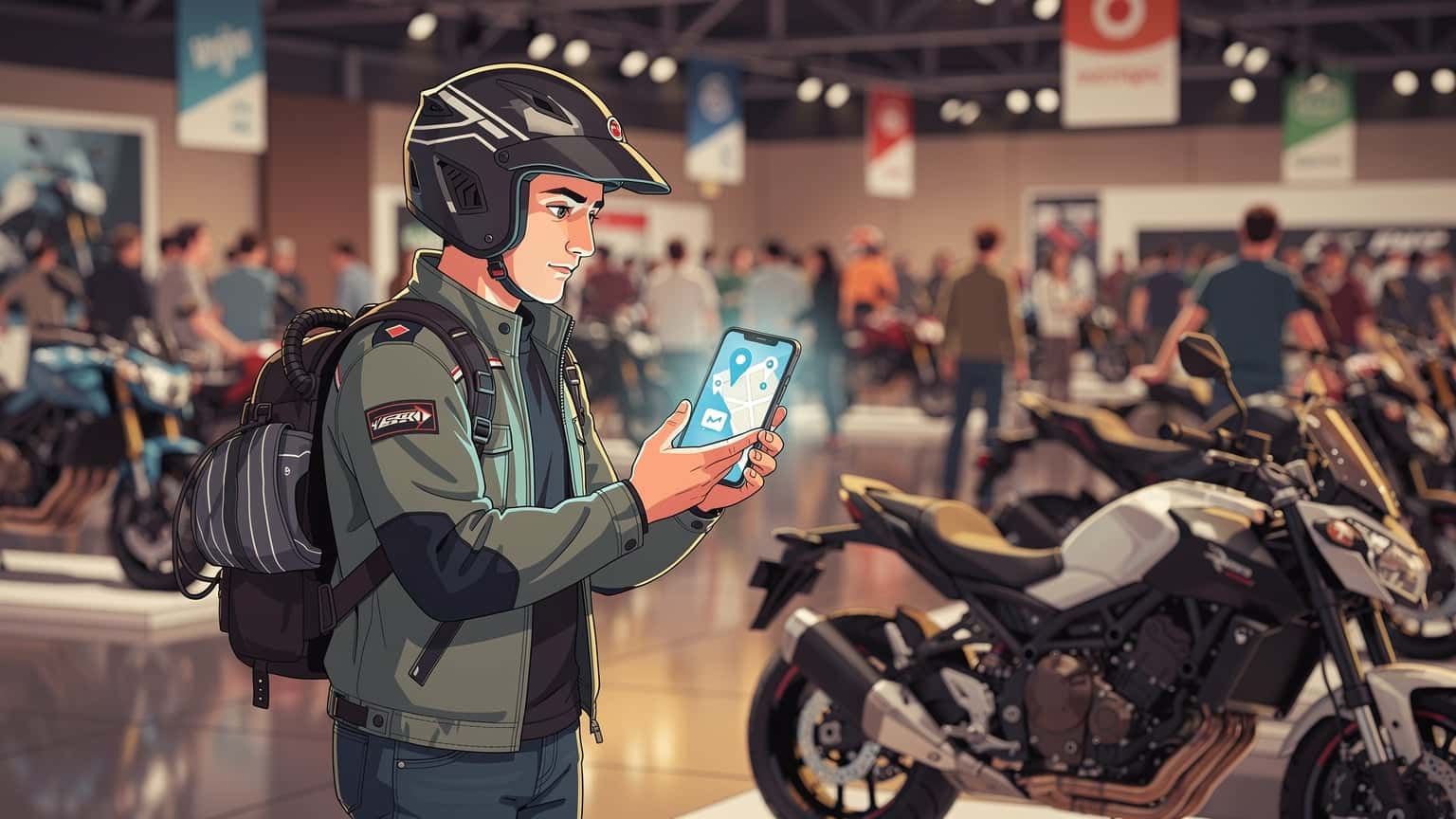 Um entusiasta de motos a usar um smartphone para navegar numa feira de motos movimentada, com o fundo desfocado de expositores e motocicletas.