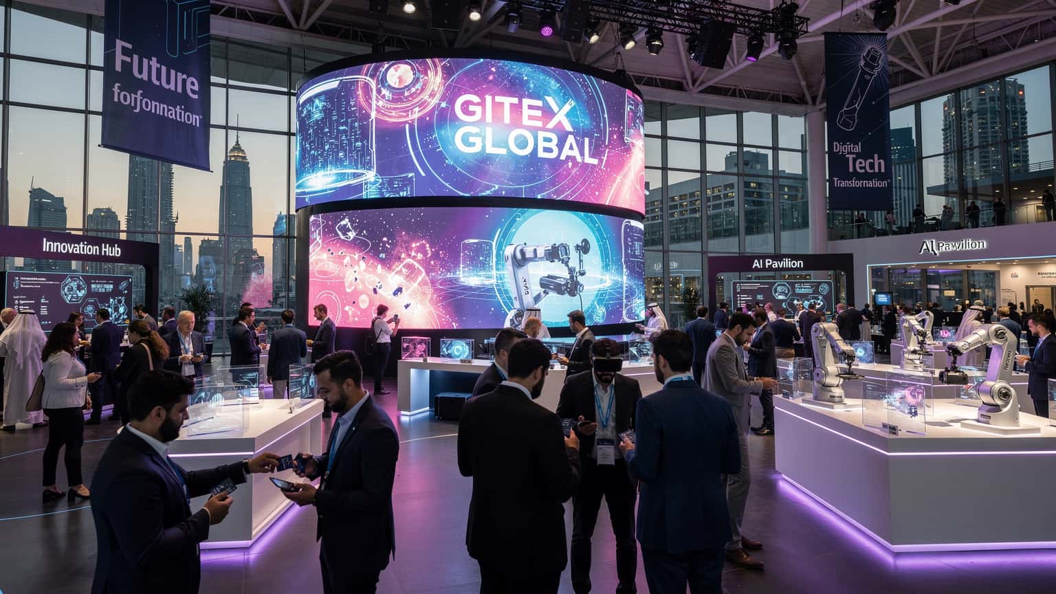 Pessoas em um evento de tecnologia movimentado em Dubai, com telas digitais e luzes futuristas ao fundo, representando a GITEX GLOBAL.