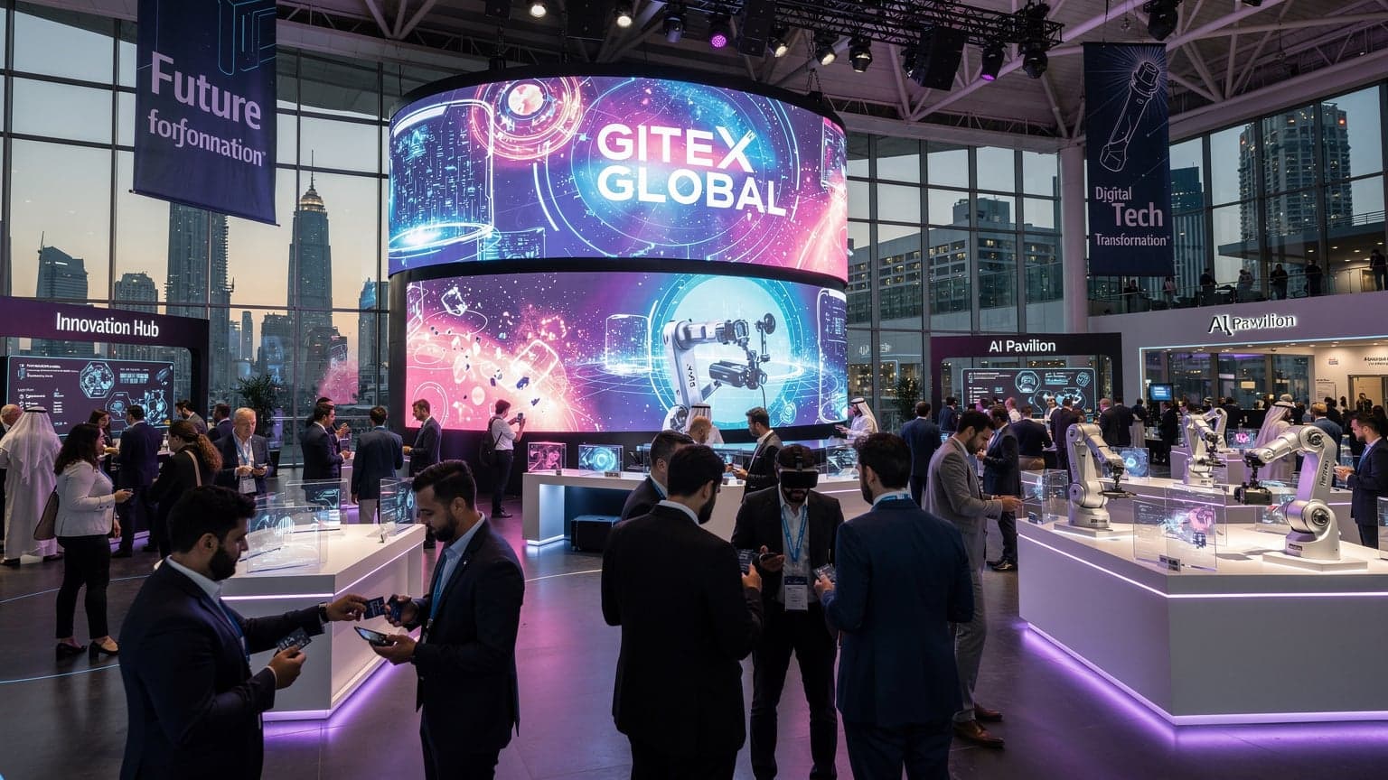Pessoas em um evento de tecnologia movimentado em Dubai, com telas digitais e luzes futuristas ao fundo, representando a GITEX GLOBAL.