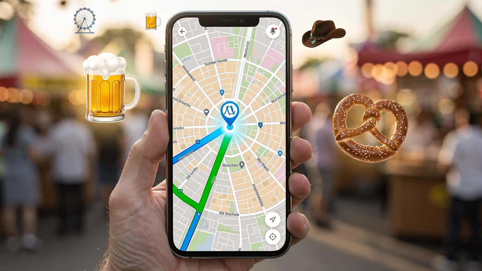 Ilustrace smartphonu s mapou Mnichova a ikonami Oktoberfestu, symbolizující navigaci a sdílení zážitků během festivalu.