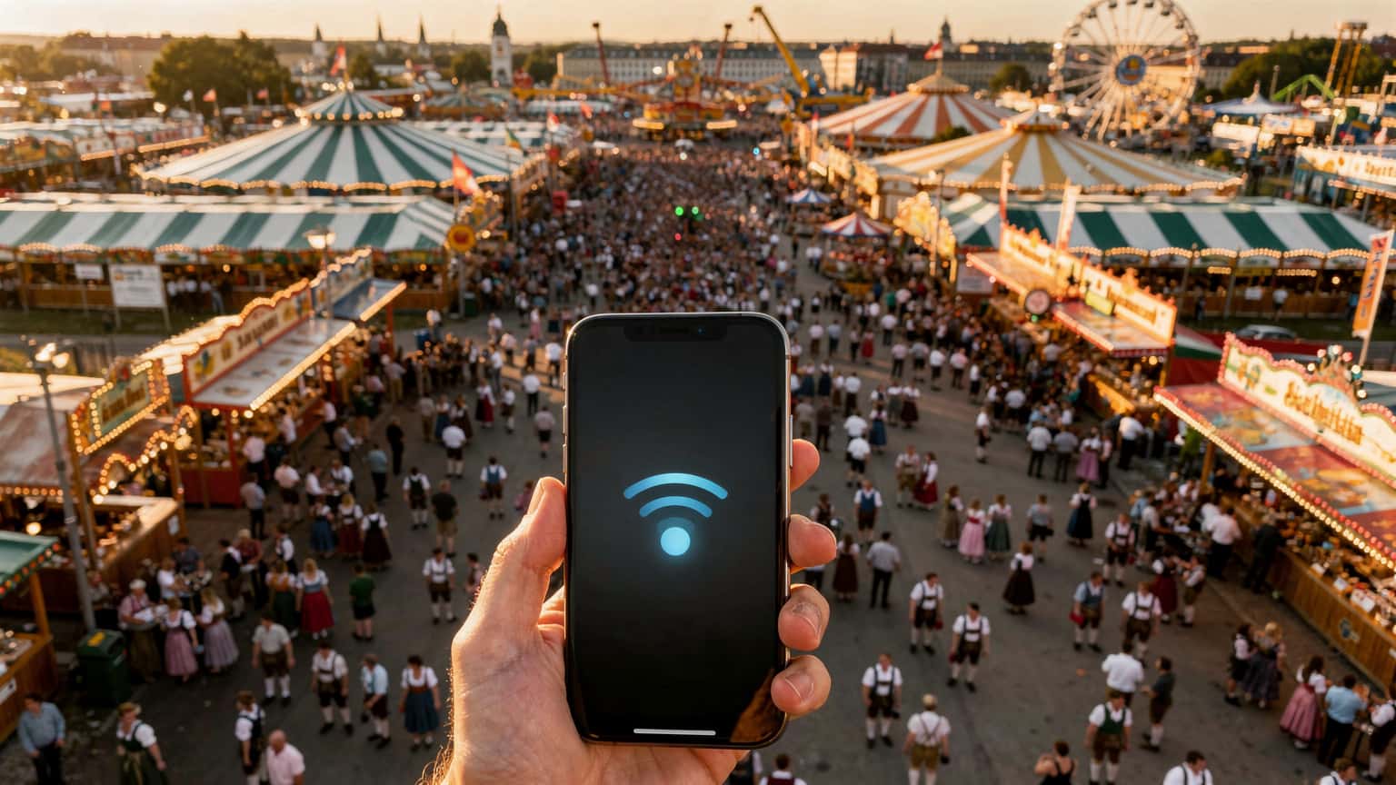 Pemandangan udara Theresienwiese di Munich semasa Oktoberfest, menunjukkan khemah-khemah besar dan orang ramai, dengan telefon pintar yang memaparkan ikon isyarat data di latar depan.