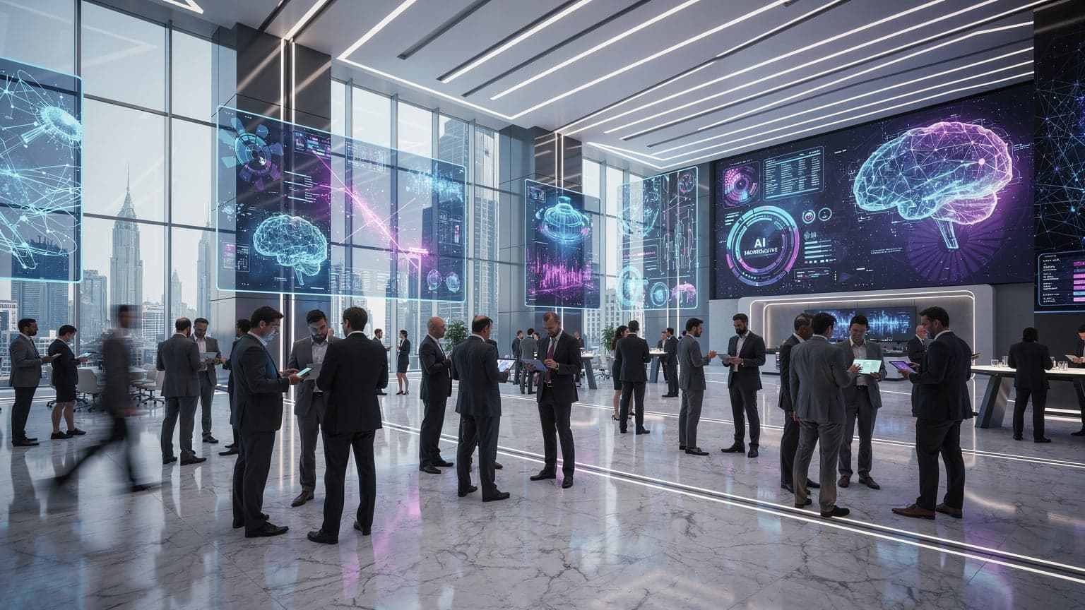 Futuristická konferenčná sála v Dubaji s digitálnymi displejmi a ľuďmi diskutujúcimi o technológiách, symbolizujúca GITEX GLOBAL 2026.