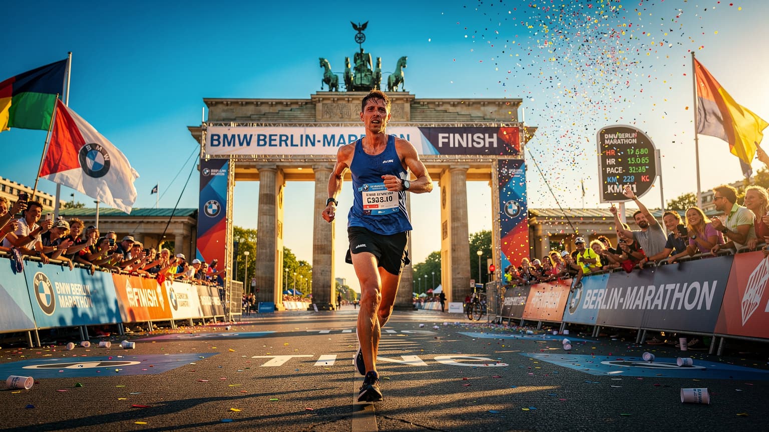 En løber med et telefonur, der viser data, krydser målstregen ved BMW BERLIN-MARATHON, med Brandenburger Tor i baggrunden.