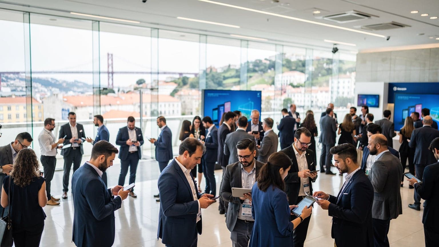 Profesionales utilizando dispositivos móviles en un entorno de conferencia tecnológica, con el fondo de Lisboa