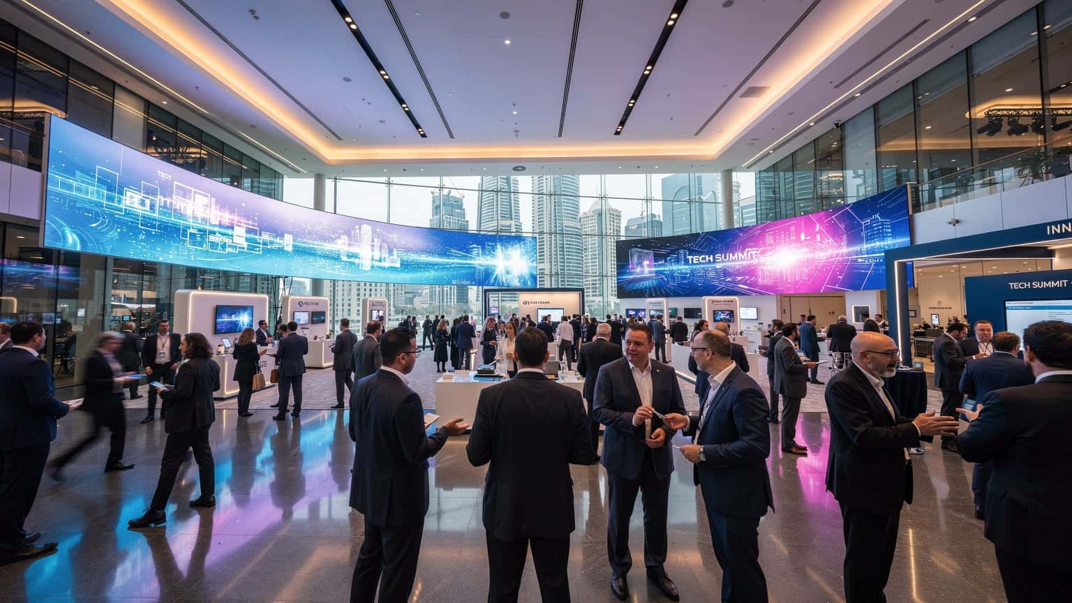 Eine moderne, belebte Messehalle in Dubai mit digitalen Displays und vielen Besuchern, die sich vernetzen.