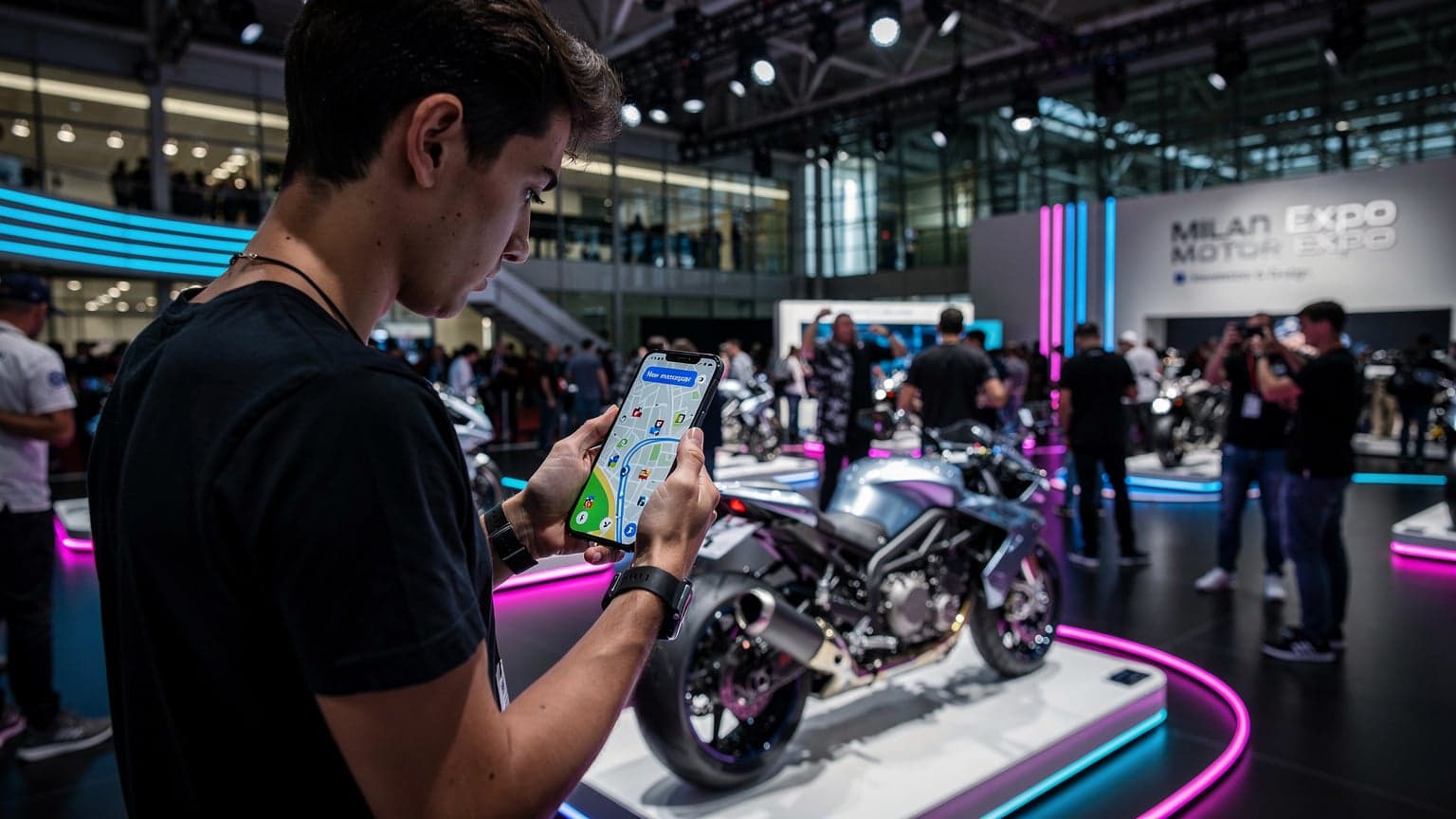 Penggemar otomotif menggunakan smartphone dengan latar belakang pameran motor EICMA di Milan