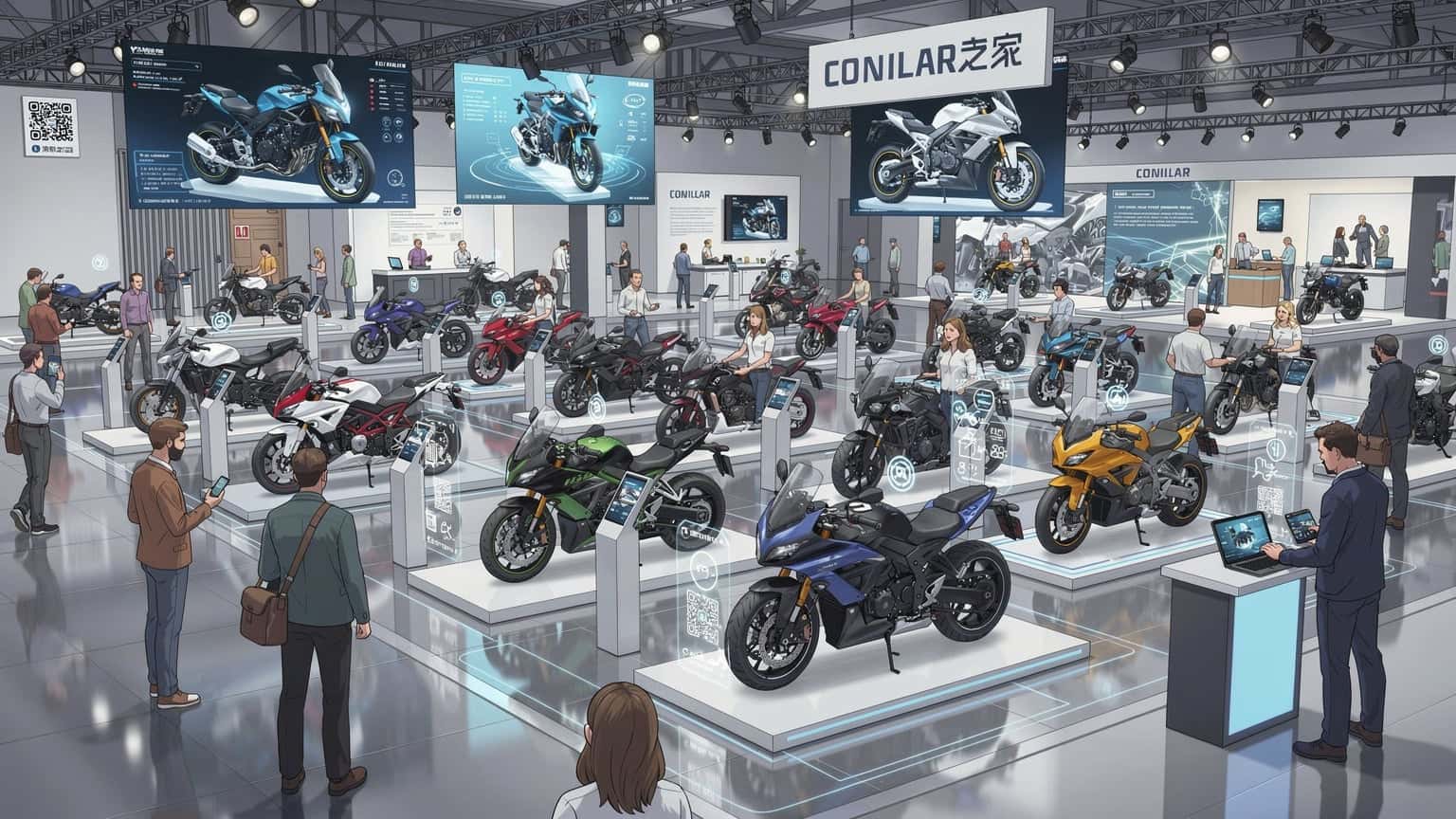En motorsykkelmesse med mange besøkende og utstilte motorsykler.