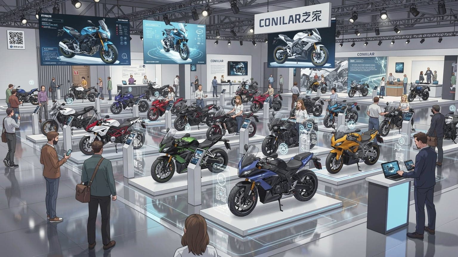 En motorsykkelmesse med mange besøkende og utstilte motorsykler.