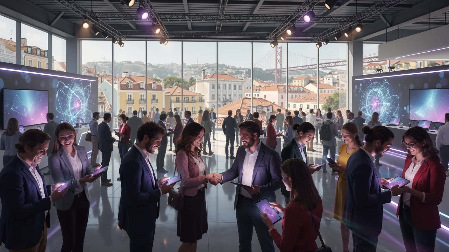 En livlig bild av Web Summit 2026 i Lissabon, med deltagare som interagerar och använder mobila enheter, symboliserande behovet av uppkoppling.