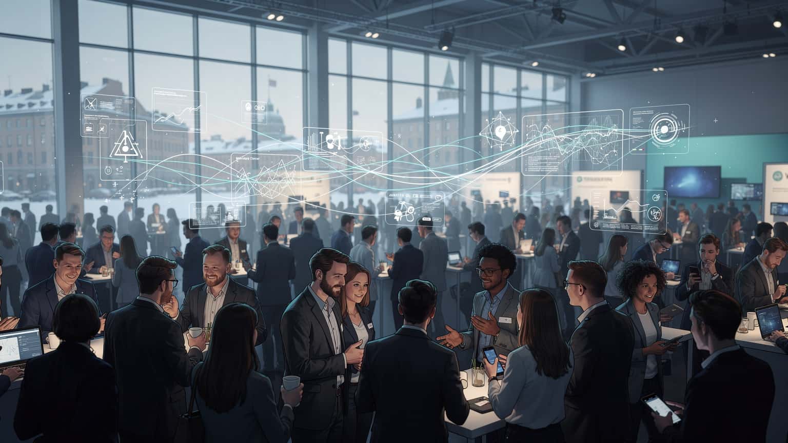 Ilustrácia startupistov a investorov na networkingovom podujatí v Helsinkách, s digitálnymi prvkami symbolizujúcimi dátové pripojenie a technológie.