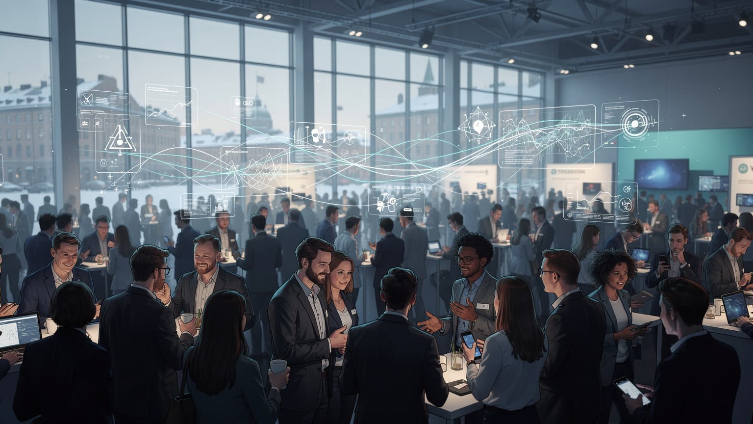 Ilustrácia startupistov a investorov na networkingovom podujatí v Helsinkách, s digitálnymi prvkami symbolizujúcimi dátové pripojenie a technológie.